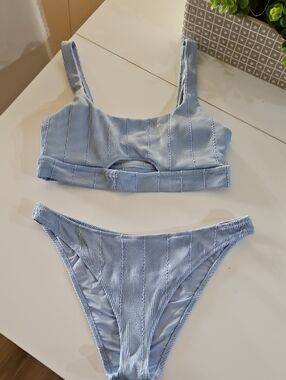 Aerie Light Blue Ribbed Bikini Top and Bottom Set